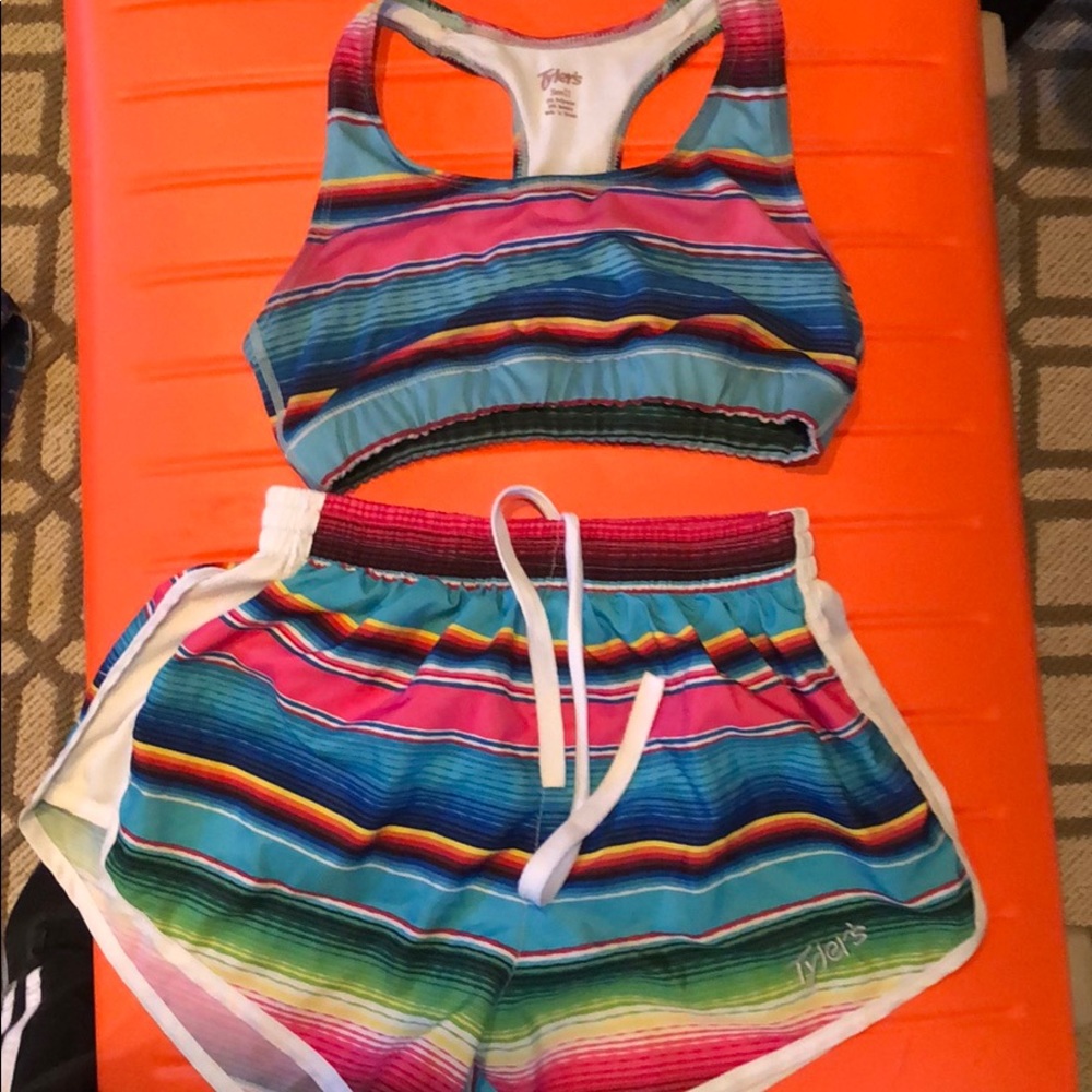 Tyler’s Mexican print running shorts & sports bra